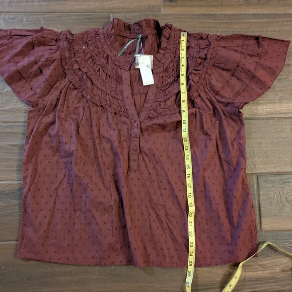 Anthropologie Burgundy Flutter Sleeve Blouse with Mandarin Collar - Picture 3 of 4
